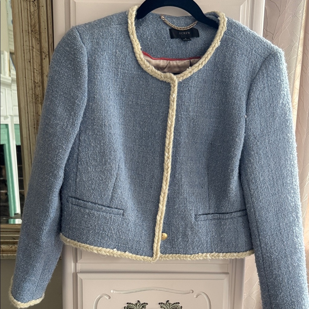 J. Crew Light Blue Tweed Blazer with White Trim
